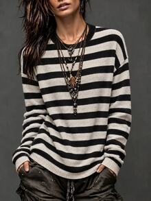 Elafinee Women's Autumn/Winter Striped Round Neck Drop Shoulder Long Sleeve Casual Sweater - Multicolor - View 9