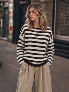 Elafinee Women's Autumn/Winter Striped Round Neck Drop Shoulder Long Sleeve Casual Sweater - Multicolor - View 7