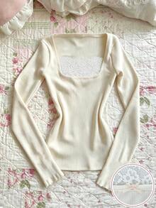 IslaSuriya Women's Sweet Lace Patchwork Bow Decor Top - Apricot - View 1