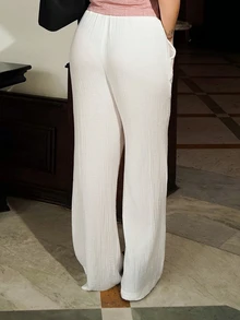 Vivi Wanderley 女款白色夏季休閒沙灘褲 波西米亞復古純棉彈性腰帶紋理中腰寬鬆款 適合鄉村音樂會度假 - 白色 - 查看 4