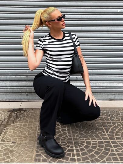 Vivi Wanderley Conjunto casual de 2 piezas con top de manga corta de cuello redondo a rayas y pantalones para mujer