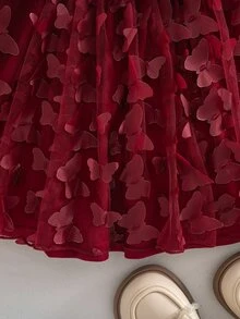 SHEIN Toddler Girls 3D Butterfly Tulle Party Dress Elegant Long Sleeve Ruffle Mesh Princess Gown With Belt - Burgundy - View 7