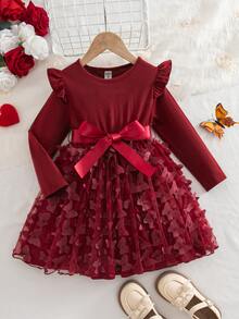 SHEIN Toddler Girls 3D Butterfly Tulle Party Dress Elegant Long Sleeve Ruffle Mesh Princess Gown With Belt - Burgundy - View 3