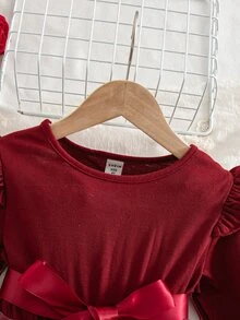SHEIN Toddler Girls 3D Butterfly Tulle Party Dress Elegant Long Sleeve Ruffle Mesh Princess Gown With Belt - Burgundy - View 6
