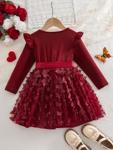 SHEIN Toddler Girls 3D Butterfly Tulle Party Dress Elegant Long Sleeve Ruffle Mesh Princess Gown With Belt - Burgundy - View 2