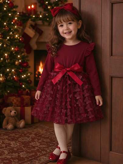 SHEIN Toddler Girls 3D Butterfly Tulle Party Dress Elegant Long Sleeve Ruffle Mesh Princess Gown With Belt