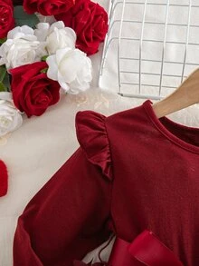 SHEIN Toddler Girls 3D Butterfly Tulle Party Dress Elegant Long Sleeve Ruffle Mesh Princess Gown With Belt - Burgundy - View 5