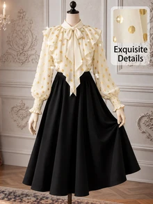 Rometta Plus Size Women's Gold Polka Dot Bowknot Ruffle Collar Patchwork 2 In 1 Cinched Waist A-Line Mid-Length Long Sleeve Dress, Gentle Vintage Elegant Commute Daily Outing Tea Break Dress - Black - View 4