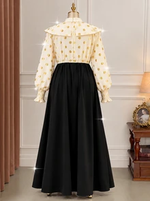 Rometta Plus Size Women's Gold Polka Dot Bowknot Ruffle Collar Patchwork 2 In 1 Cinched Waist A-Line Mid-Length Long Sleeve Dress, Gentle Vintage Elegant Commute Daily Outing Tea Break Dress - Black - View 7