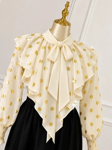 Rometta Plus Size Women's Gold Polka Dot Bowknot Ruffle Collar Patchwork 2 In 1 Cinched Waist A-Line Mid-Length Long Sleeve Dress, Gentle Vintage Elegant Commute Daily Outing Tea Break Dress - Black - View 2