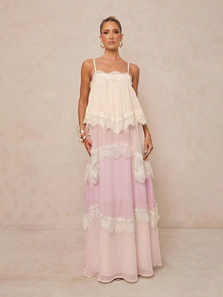 Lumalex Contrast Lace Trim Tiered Maxi Dress Elegant Summer Layered Chiffon Spaghetti Straps Flowy A Line Backless Wedding Guest Day Party Bohemian Gown - Multicolor - View 10
