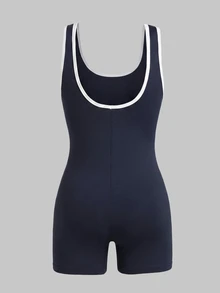 SHEIN Tween Girls Contrast Piping Tank Jumpsuit - Navy Blue - View 3