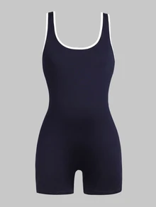 SHEIN Tween Girls Contrast Piping Tank Jumpsuit - Navy Blue - View 2