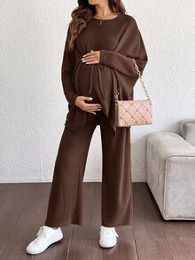 SHEIN 孕婦羅紋前綁帶長袖上衣與可調腰圍長褲 2 件套 秋季拍照用 棕色 休閒優雅 - 咖啡棕 - 查看 6