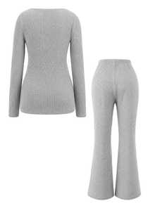 GentleRue Maternity-D Women's Gray Ribbed Fabric Half-Button Long Sleeve Top + Adjustable Elastic Waist Long Pants, Maternity 2 Pieces Set, Autumn/Winter - Grey - View 6