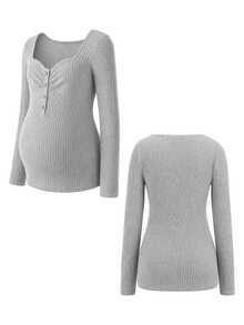 GentleRue Maternity-D Women's Gray Ribbed Fabric Half-Button Long Sleeve Top + Adjustable Elastic Waist Long Pants, Maternity 2 Pieces Set, Autumn/Winter - Grey - View 12