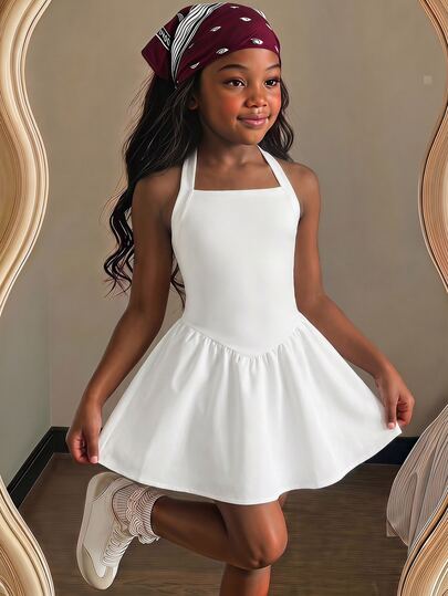 SHEIN Young Girl Young Girl Casual Daily Fashion School Cute Halter Neck Patchwork White Dress