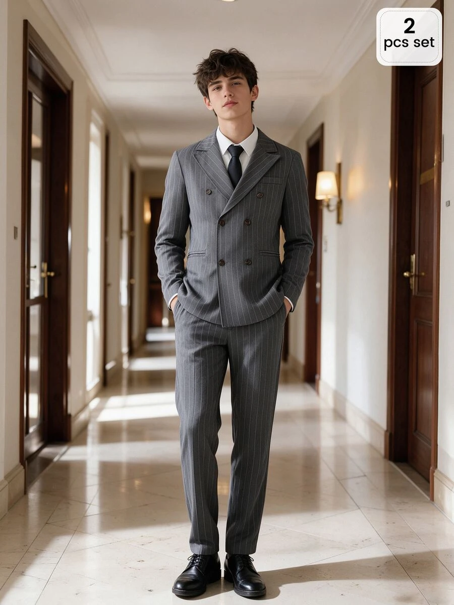 Teen Boys Business Gray Pinstripe Double-Breasted Suit 2 Pieces Set ...