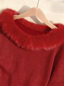 Calvaya Women's Minimalist Fashion Fur Collar Patchwork Raglan Sleeve Solid Color Knit Pullover Sweater, Autumn/Winter - Red - View 4