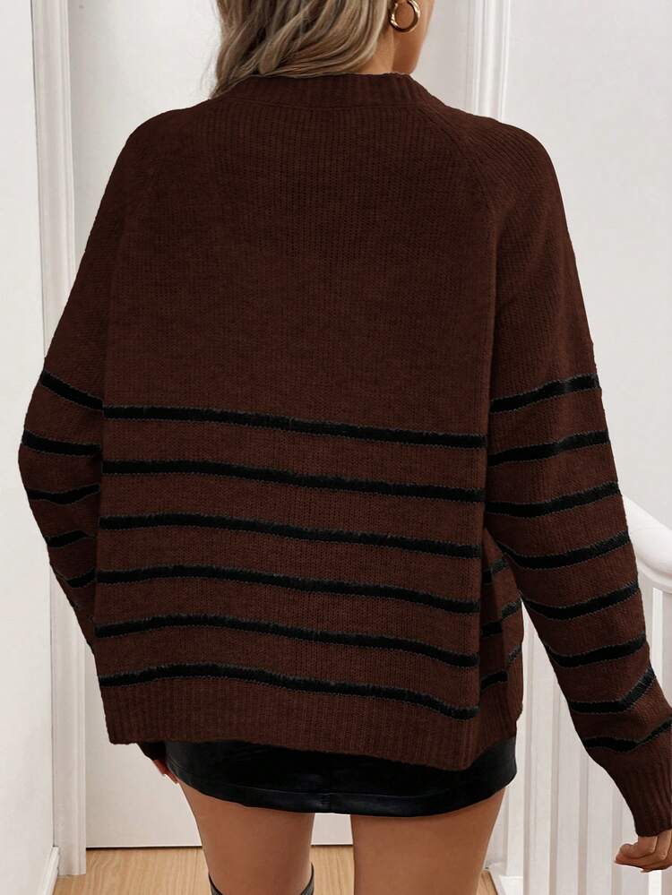 SHEIN LUNE New Loose Striped Crew Neck Knit Cardigan, Oversized Slimming Soft & Gentle Pullover Sweater - Coffee Brown - View 2