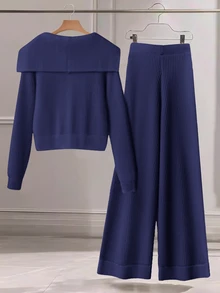 Calvaya Conjunto de 2 piezas para mujer elegante azul marino de punto acanalado, cárdigan con cuello y botones, pantalones de punto con bolsillo y lazo delantero, conjunto de suéter casual de otoño para estar en casa - Azul Marino - Ver 2