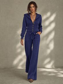 Calvaya Conjunto de 2 piezas para mujer elegante azul marino de punto acanalado, cárdigan con cuello y botones, pantalones de punto con bolsillo y lazo delantero, conjunto de suéter casual de otoño para estar en casa - Azul Marino - Ver 1