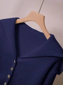 Calvaya Conjunto de 2 piezas para mujer elegante azul marino de punto acanalado, cárdigan con cuello y botones, pantalones de punto con bolsillo y lazo delantero, conjunto de suéter casual de otoño para estar en casa - Azul Marino - Ver 4