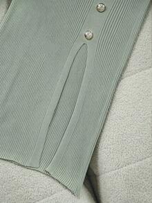 Franclia Women's Elegant Fitted Round Neck Short Sleeve Slit Decorative Button Knit Dress, Summer - Mint Green - View 8