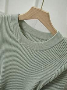 Franclia Women's Elegant Fitted Round Neck Short Sleeve Slit Decorative Button Knit Dress, Summer - Mint Green - View 5