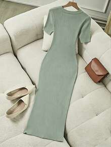 Franclia Women's Elegant Fitted Round Neck Short Sleeve Slit Decorative Button Knit Dress, Summer - Mint Green - View 2