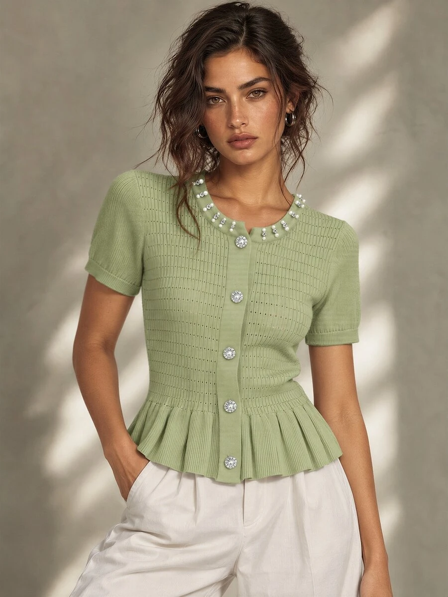 Calvaya Women's Sage Green Elegant Summer Date Cardigan,Round Neck Fitted Short Sleeve Top With Rhinestone & Pearl Button Decor,Ruffle Hem,Versatile Daily - Green - View 1