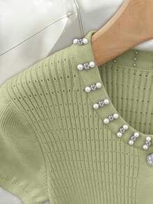 Calvaya Women's Sage Green Elegant Summer Date Cardigan,Round Neck Fitted Short Sleeve Top With Rhinestone & Pearl Button Decor,Ruffle Hem,Versatile Daily - Green - View 5