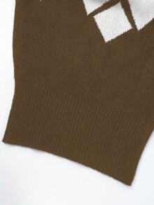 SHEIN LUNE Blogger-Style Colorblock Diamond Pattern Turtleneck Lantern Sleeve Sweater - Multicolor - View 6
