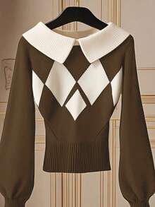 SHEIN LUNE Blogger-Style Colorblock Diamond Pattern Turtleneck Lantern Sleeve Sweater - Multicolor - View 3