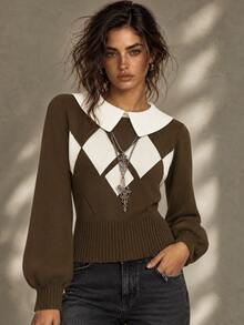 SHEIN LUNE Blogger-Style Colorblock Diamond Pattern Turtleneck Lantern Sleeve Sweater - Multicolor - View 1