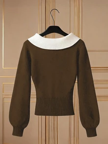 SHEIN LUNE Blogger-Style Colorblock Diamond Pattern Turtleneck Lantern Sleeve Sweater - Multicolor - View 2