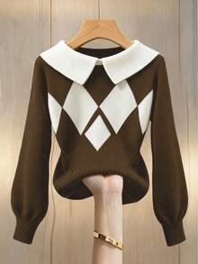 SHEIN LUNE Blogger-Style Colorblock Diamond Pattern Turtleneck Lantern Sleeve Sweater - Multicolor - View 7