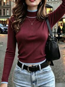 INAWLY New Fall Striped Textured Casual Romantic Commute Travel Daily Versatile Knit Pullover Sweater For Elegant Women City Break Everyday - Coffee Brown - View 6