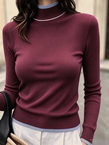 INAWLY New Fall Striped Textured Casual Romantic Commute Travel Daily Versatile Knit Pullover Sweater For Elegant Women City Break Everyday - Coffee Brown - View 7