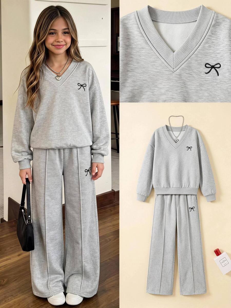 SHEIN 女童秋冬休閒返校穿著 抓絨內裡加厚寬鬆大碼 V 領蝴蝶結印花長袖套頭運動衫與寬腿百褶運動長褲 2 件套,花卉灰色 - 淺灰色 - 查看 1