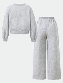 SHEIN 女童秋冬休閒返校穿著 抓絨內裡加厚寬鬆大碼 V 領蝴蝶結印花長袖套頭運動衫與寬腿百褶運動長褲 2 件套，花卉灰色 - 淺灰色 - 查看 8
