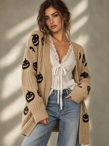 SHEIN ChicEase 女款萬聖節南瓜圖案休閒寬鬆開襟衫，日常穿著秋季萬聖節開襟衫 - 卡其色 - 查看 1