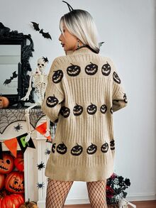 SHEIN ChicEase 女款萬聖節南瓜圖案休閒寬鬆開襟衫，日常穿著秋季萬聖節開襟衫 - 卡其色 - 查看 2