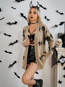 SHEIN ChicEase 女款萬聖節南瓜圖案休閒寬鬆開襟衫，日常穿著秋季萬聖節開襟衫 - 卡其色 - 查看 4