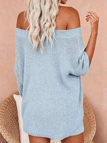 SHEIN LUNE Women's Vacation Casual Solid Color Sweater Knit Shorts 2pcs Set Everyday Home Light Blue Autumn - Blue - View 3