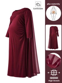 Cheriluna Maternity Burgundy Long Sleeve Fitted Plus Size Maternity Mermaid Evening Party Dress With Lace Patchwork And Side Slit - Burgundy - View 5