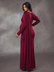 Cheriluna Maternity Burgundy Long Sleeve Fitted Plus Size Maternity Mermaid Evening Party Dress With Lace Patchwork And Side Slit - Burgundy - View 2