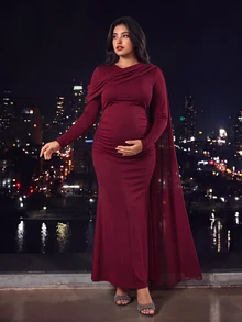 Cheriluna Maternity Burgundy Long Sleeve Fitted Plus Size Maternity Mermaid Evening Party Dress With Lace Patchwork And Side Slit - Burgundy - View 3