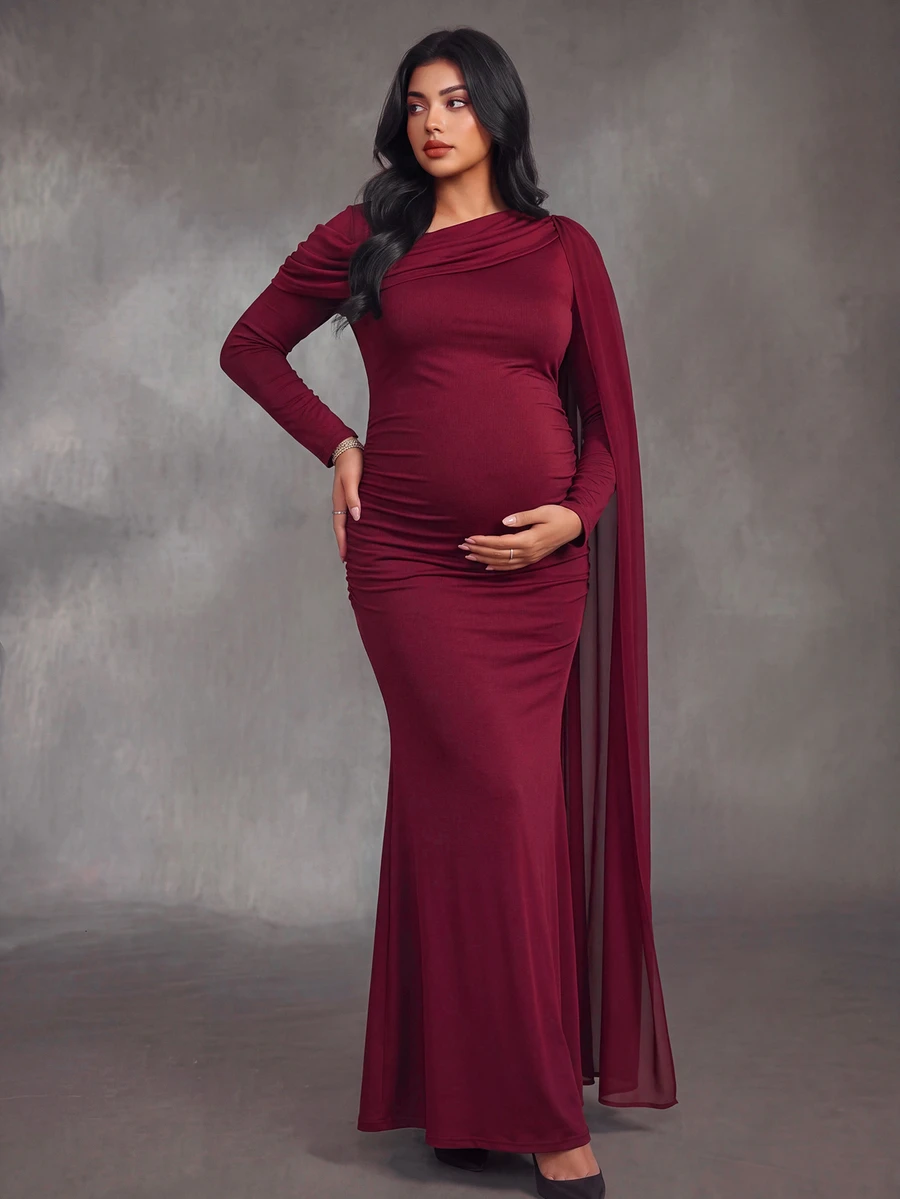 Cheriluna Maternity Burgundy Long Sleeve Fitted Plus Size Maternity Mermaid Evening Party Dress With Lace Patchwork And Side Slit - Burgundy - View 1