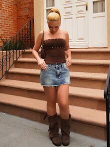 Vivi Wanderley Distressed Super Low Waist Denim Mini Skirt - Blue - View 1